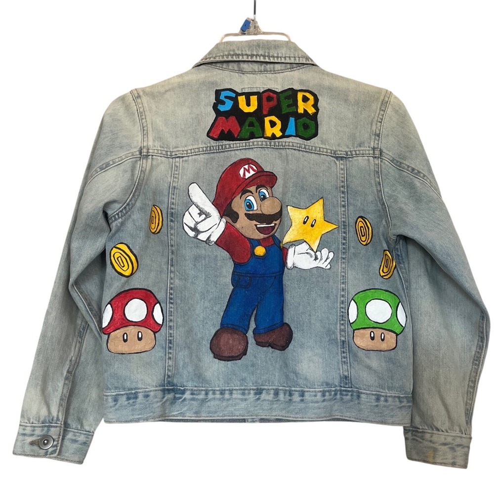 The Childrens Place Boys Super Mario Custom Hand Painted Denim Jacket Size M 7/8